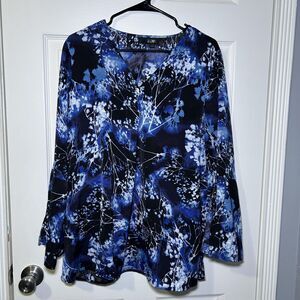 Slim Factor By Investments Blouse Women Large Blue Floral V Neck Tunic Top NWOT
